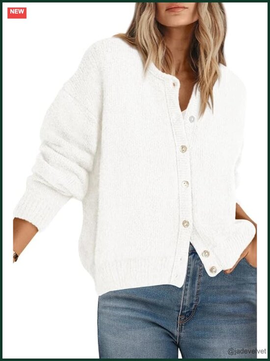 Sweaters - Crewneck Button Down Chunky Cardigan Sweater Open Front Long Sleeve Lightweight